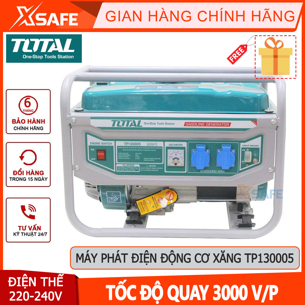 Engine Generator gasoline total TP130005 maximum capacity 3.0 KVA rotational speed 3000 rpm/min, with cooling system fan wind