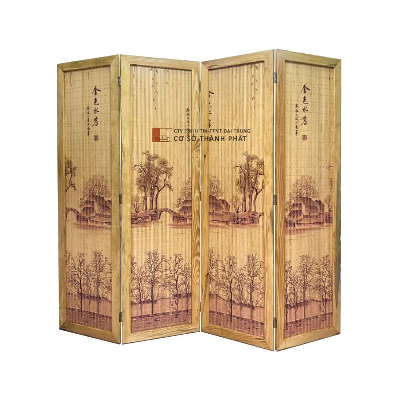 Bình phong tre mẫu ngôi nhà bên cầu khung gỗ thông, sơn bóng 4 cánh 1m75 x 0.5m Đại Trung