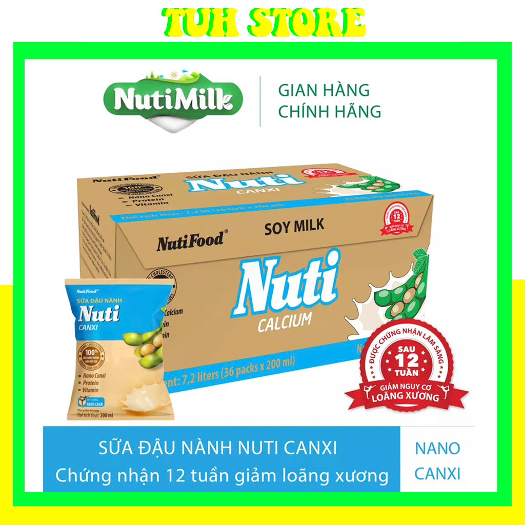 Thùng 36 Bịch Sữa Đậu Nành Nuti Canxi 200ml-TUH