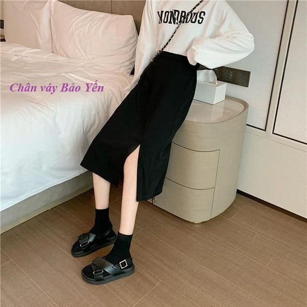 Chân váy midi A xẻ đùi dài 70cm