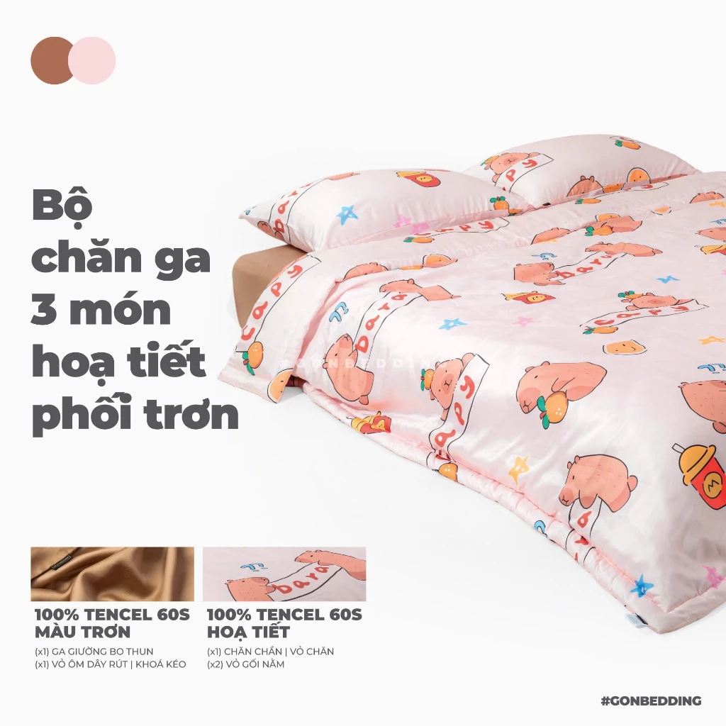 Bộ Chăn Gối 3 Món Gòn Bedding Lụa Tencel 60s - Lụa Modal cao cấp Hoạ tiết (gồm 1 Chăn chần và 2 Vỏ gối nằm)