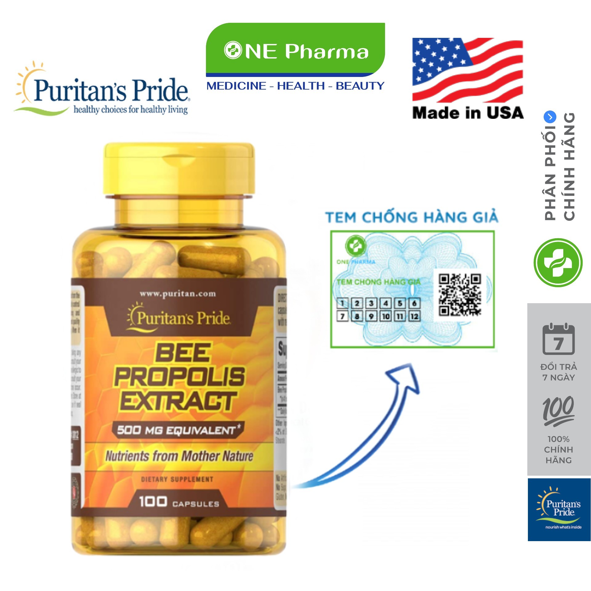 Viên uống keo ong Puritan’s Pride Bee Propolis Extract 125mg 100 Viên