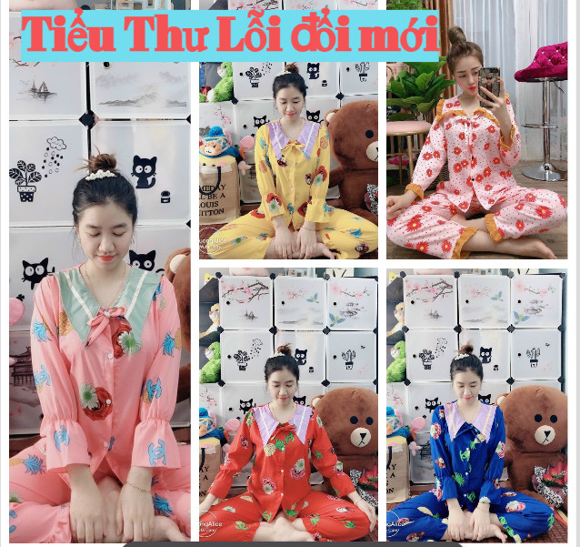 {LỤA HÀN XỊN] Bộ đồ mặc nhà kiểu dáng thời trang hợp xu hướng|pijama tay dài vải lụa hàn mềm mịn co giãn freesize từ 44kg đén 58kg