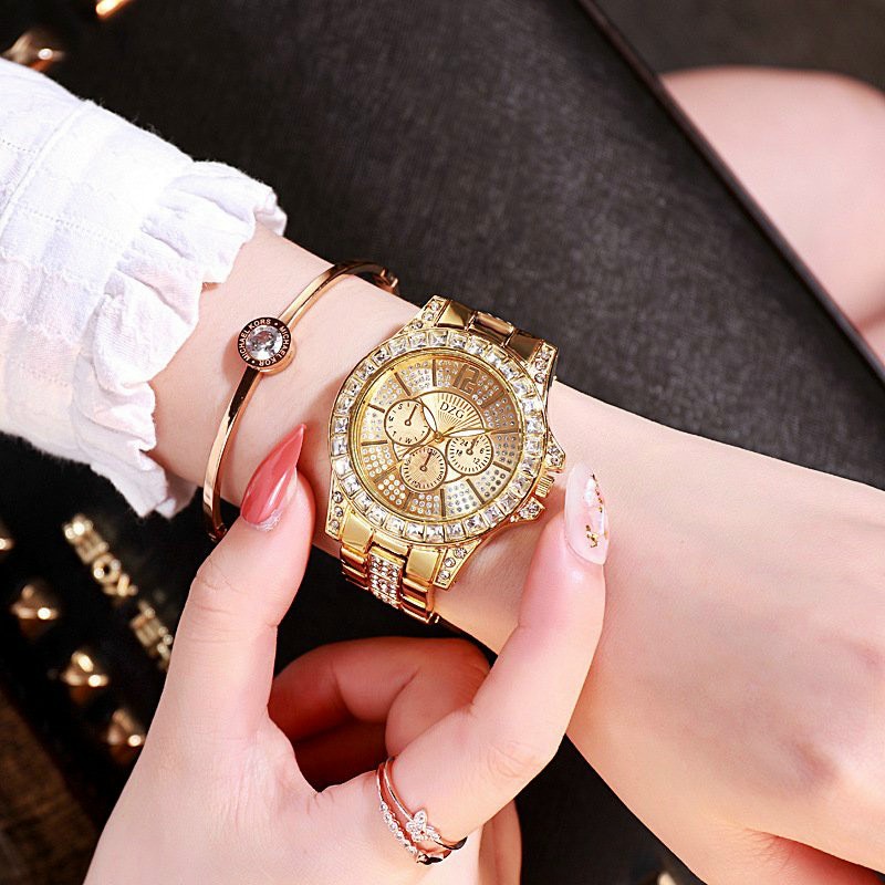 Đồng hồ nữ D172, chống nước nhẹ, mặt đính đá sang trọng dây kim loại mạ vàng cao cấp, chạy 3 kim, phù hợp đeo đi học, đi làm hoặc đi chơi
