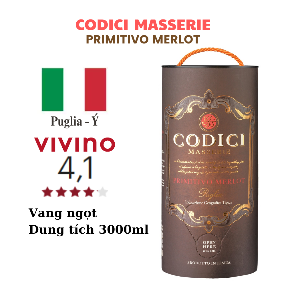 Vang Bịch Ý Codici Masserie Primitivo Merlot 3L Nhập Khẩu
