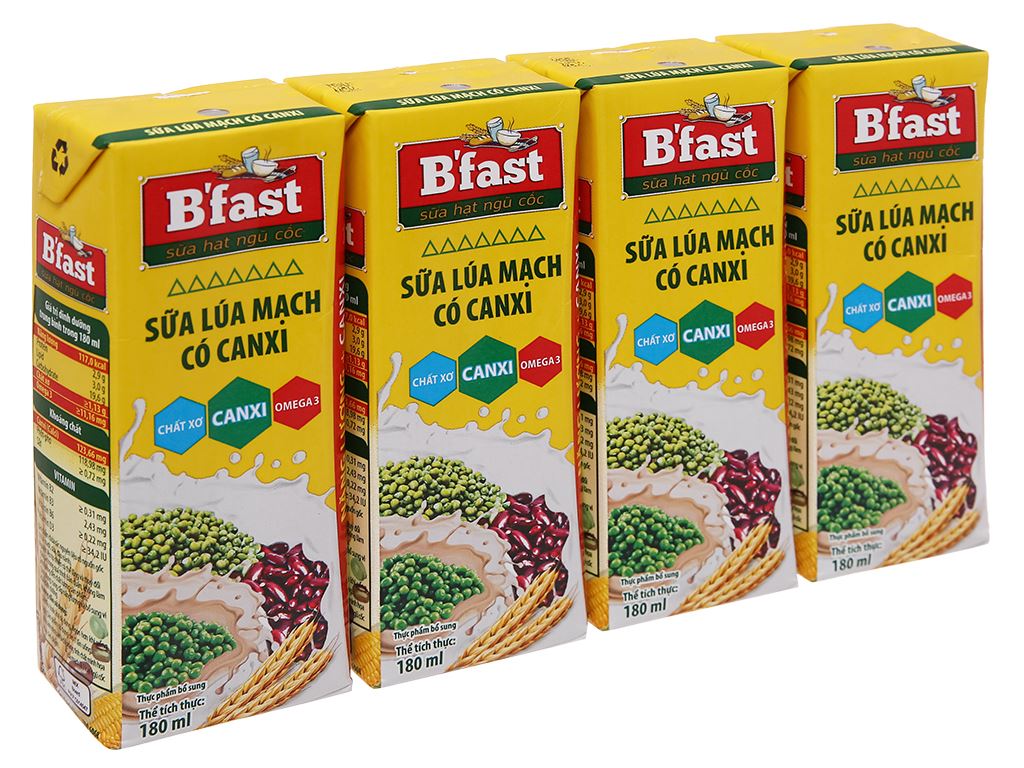Sữa ngũ cốc lúa mạch B'FAST canxi hương vị cacao hộp 180ml