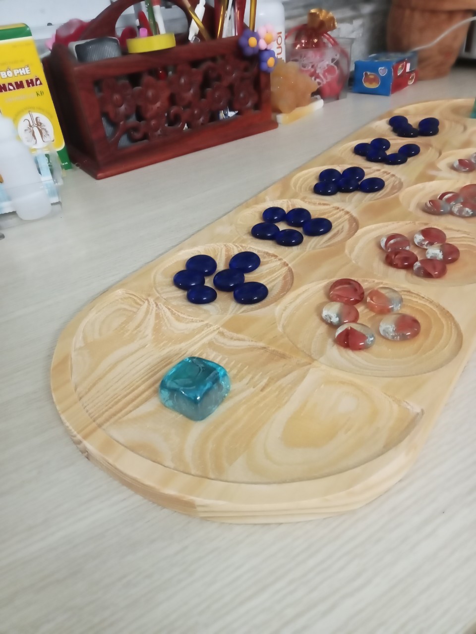 Bộ cờ ô ăn quan bằng gỗ thông và đá!