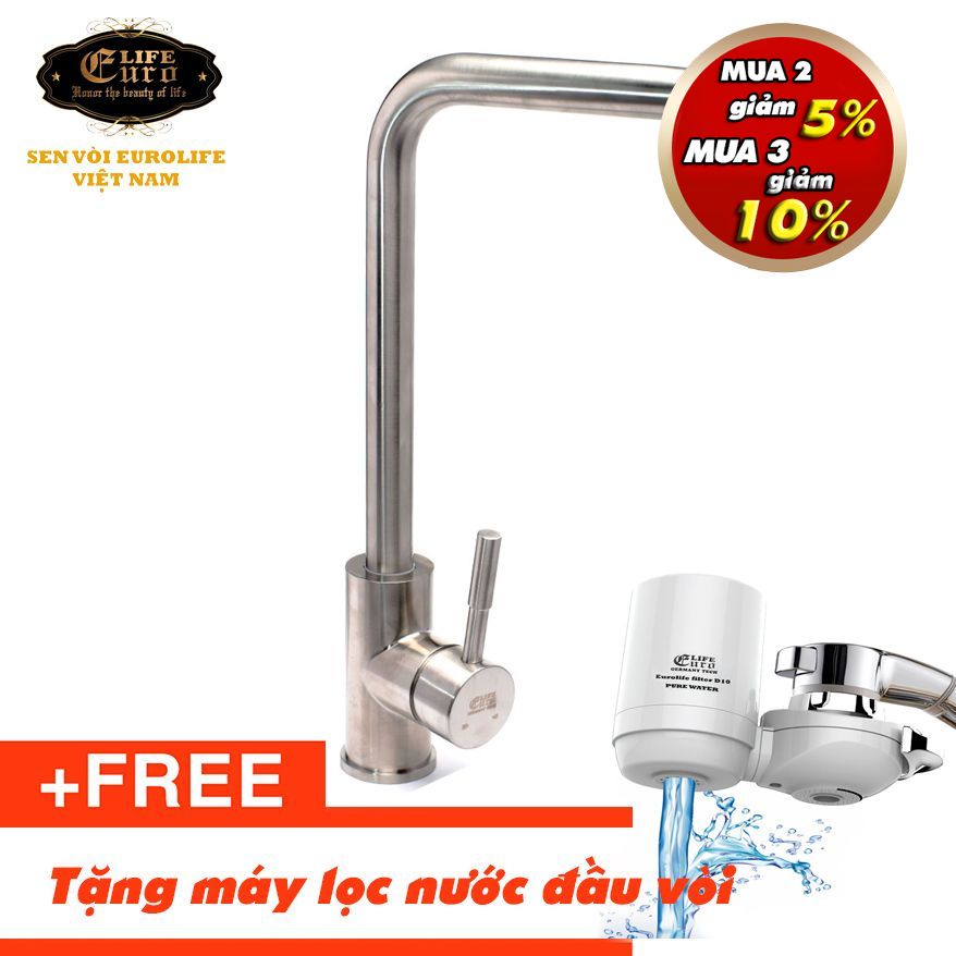 Vòi rửa chén nóng lạnh Inox SUS 304 Eurolife EL-T001 (Trắng bạc) - Tặng  Máy lọc trực tiếp đầu vòi Eurolife EL-LS-D10  