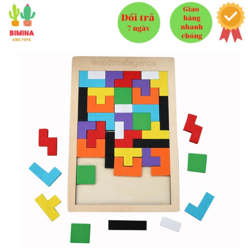 Đồ chơi ghép hình gỗ trí tuệ Tetris Montessori BIMINA BI20 kích thích trí thông minh cho bé, chất liệu gỗ tự nhiên, nhiều màu sắc