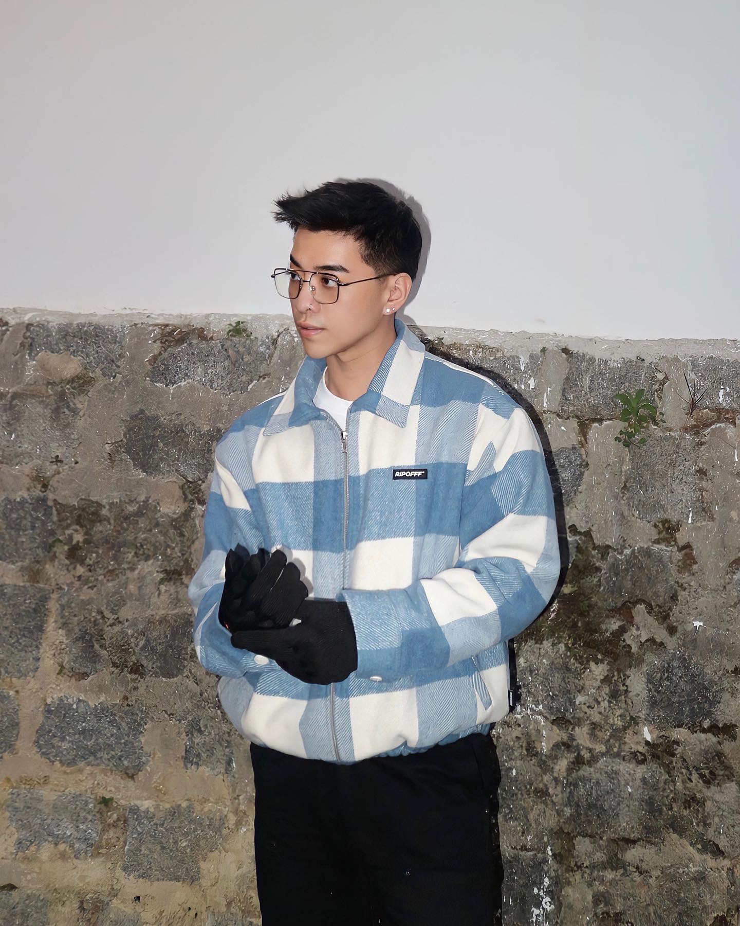 RIPOFFF Checked Zip Jacket - Blue White (Áo khoác tay dài dây kéo vải Wool sọc trắng xanh)