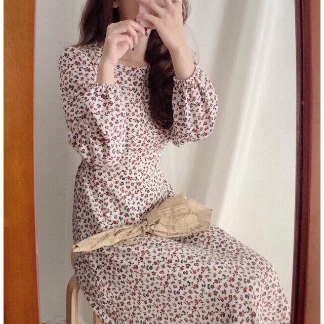 Váy hoa nhí vintage 2 lớp, thắt nơ eo