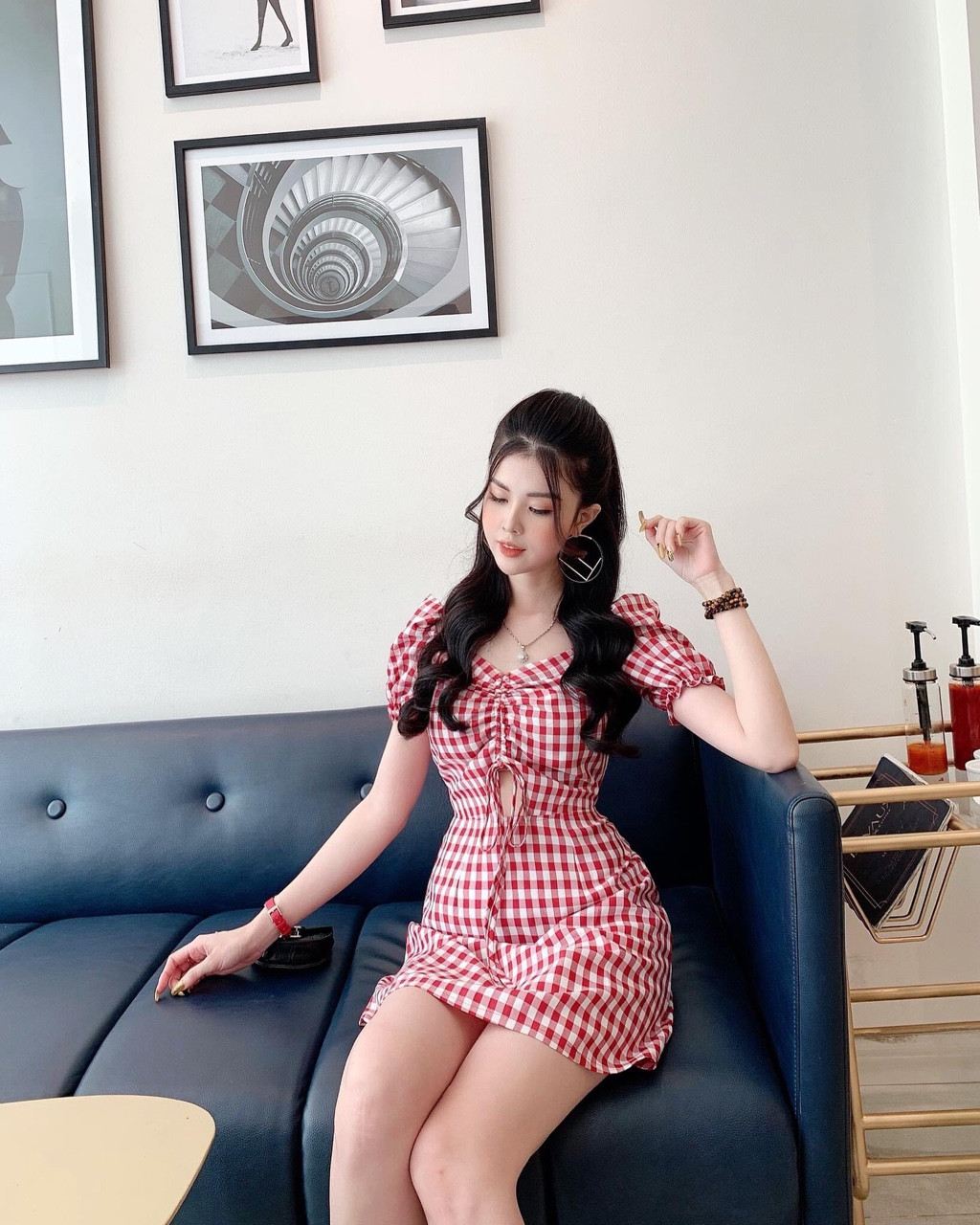 Đầm caro rút ngực hở eo duyên dáng TTSA0411