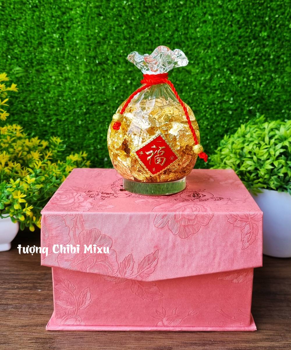 Túi vàng lá mẫu đế thủy tinh Thần Tài phong thủy - sung túc chiêu Tài đón Lộc