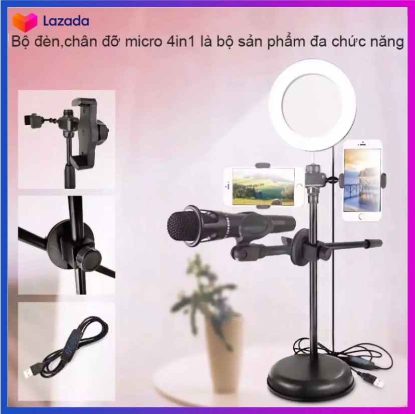 Đèn live stream 4in1 size 16cm, Hợp kim chắc chắn, Đèn led 3 nguồn ánh sáng, Bảo hành 1 đổi 1, Giá đỡ livestream hai điện thoại 4in1 cao cấp.