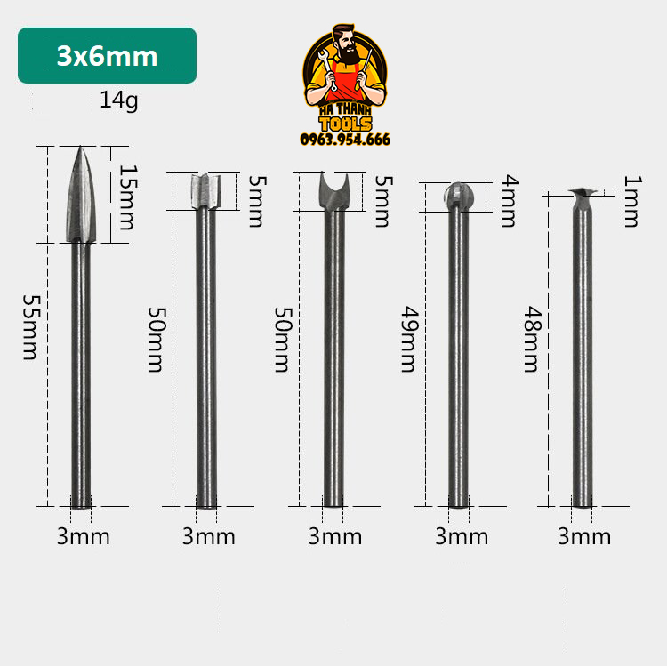 Bộ 5 mũi chạm khắc làm gỗ lũa mini trục 3mm
