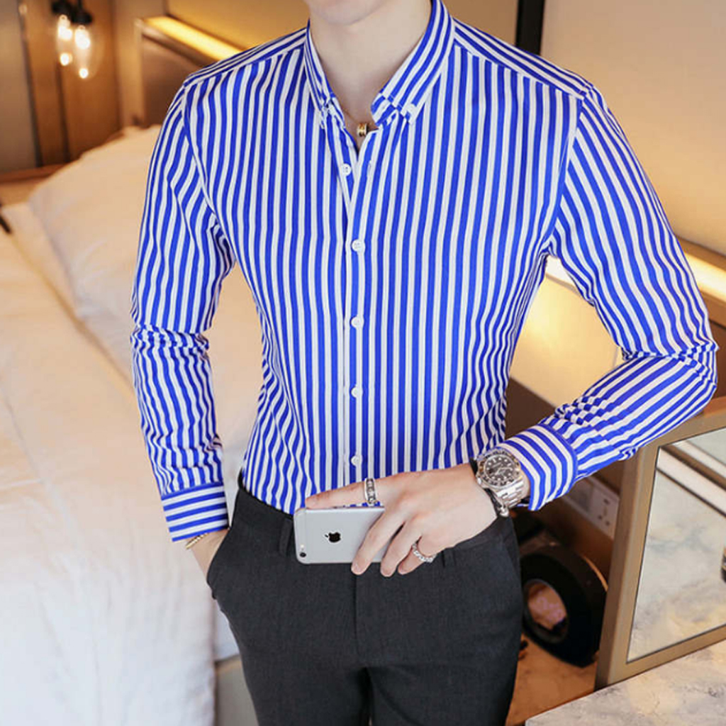 Áo sơ mi nam, áo sơ mi nam kẻ, chất liệu lụa mềm mịn, dáng slimfit trẻ trung, phong cách thời trang Hàn Quốc