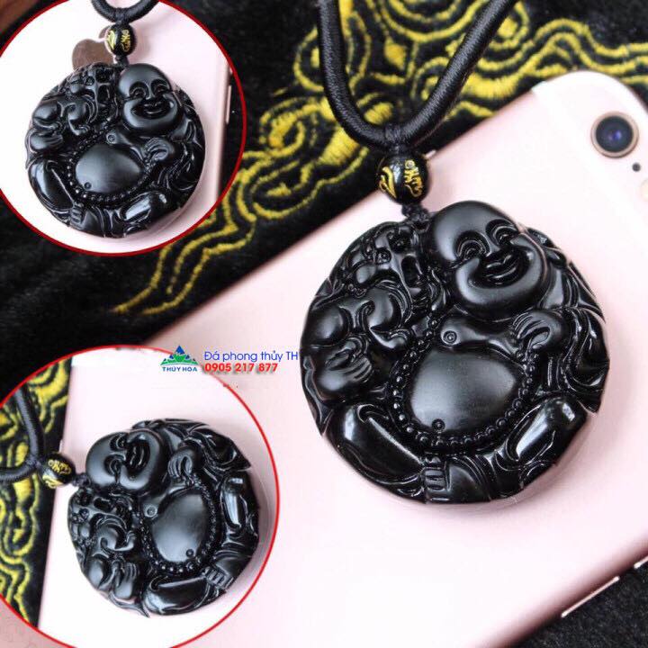 Mặt dây chuyền phật Di Lặc cõng Tỳ Hưu đá thạch anh đen