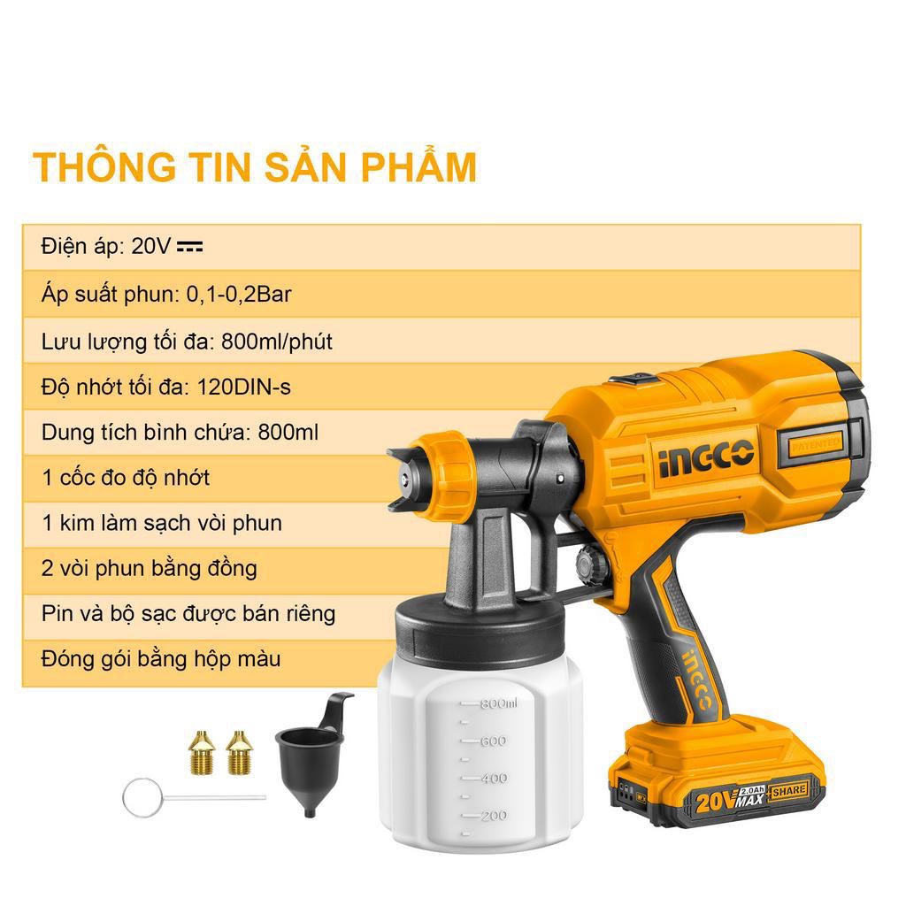 MÁY PHUN SƠN DÙNG PIN LITHIUM INGCO 20V ( KÈM 2 PIN & 1 SẠC ) CSGLI2003 ( kèm 2 đầu bét phun )