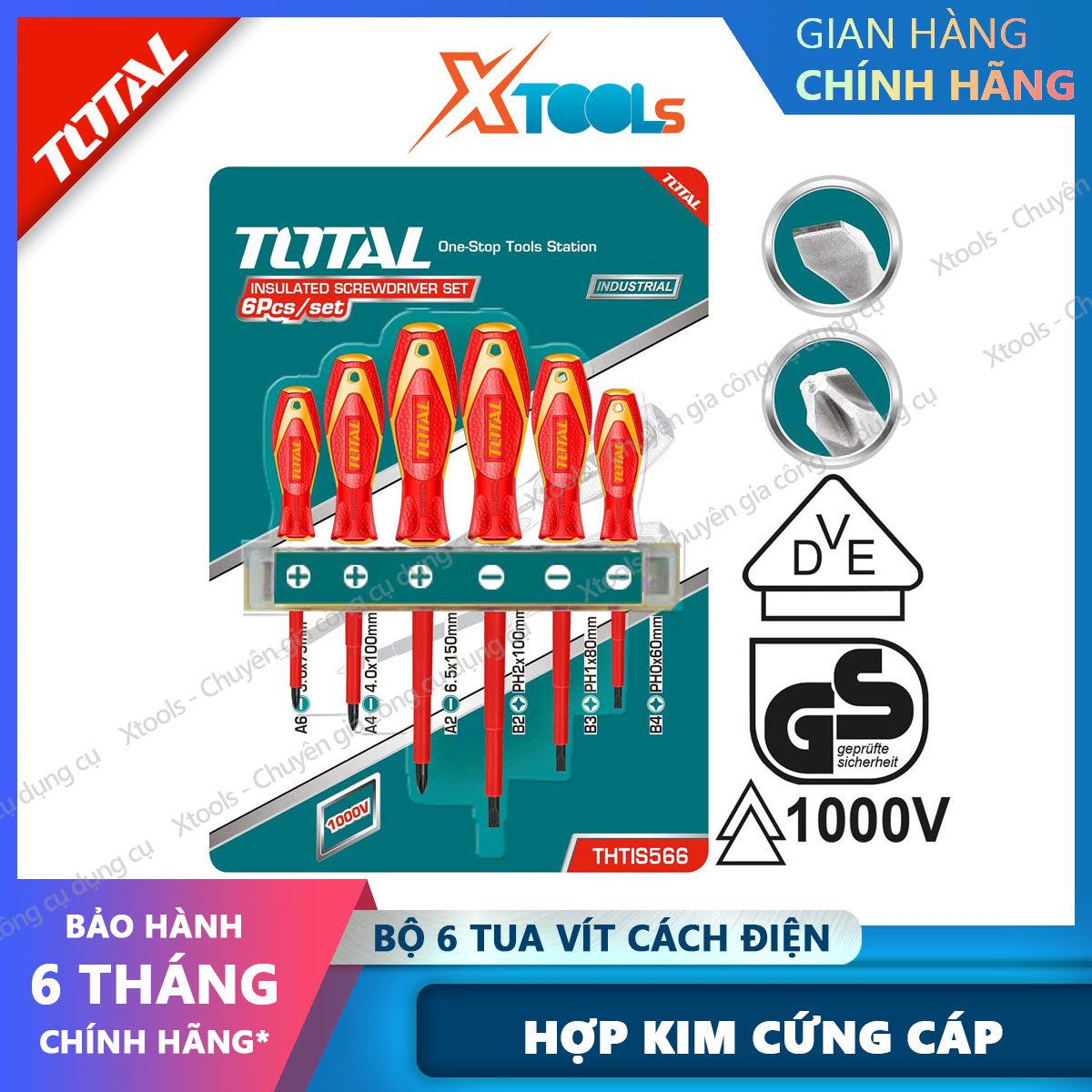 Bộ tua vít cách điện TOTAL THTIS566 6 chi tiết. bộ tuốc nơ vít cách điện chất liệu hợp kim cứng cáp, chịu lực cao XTOOLs