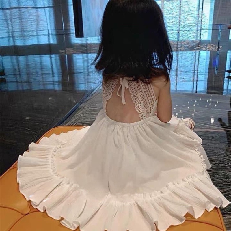 Maxi đi biển 2 dây phối ren cho bé gái.