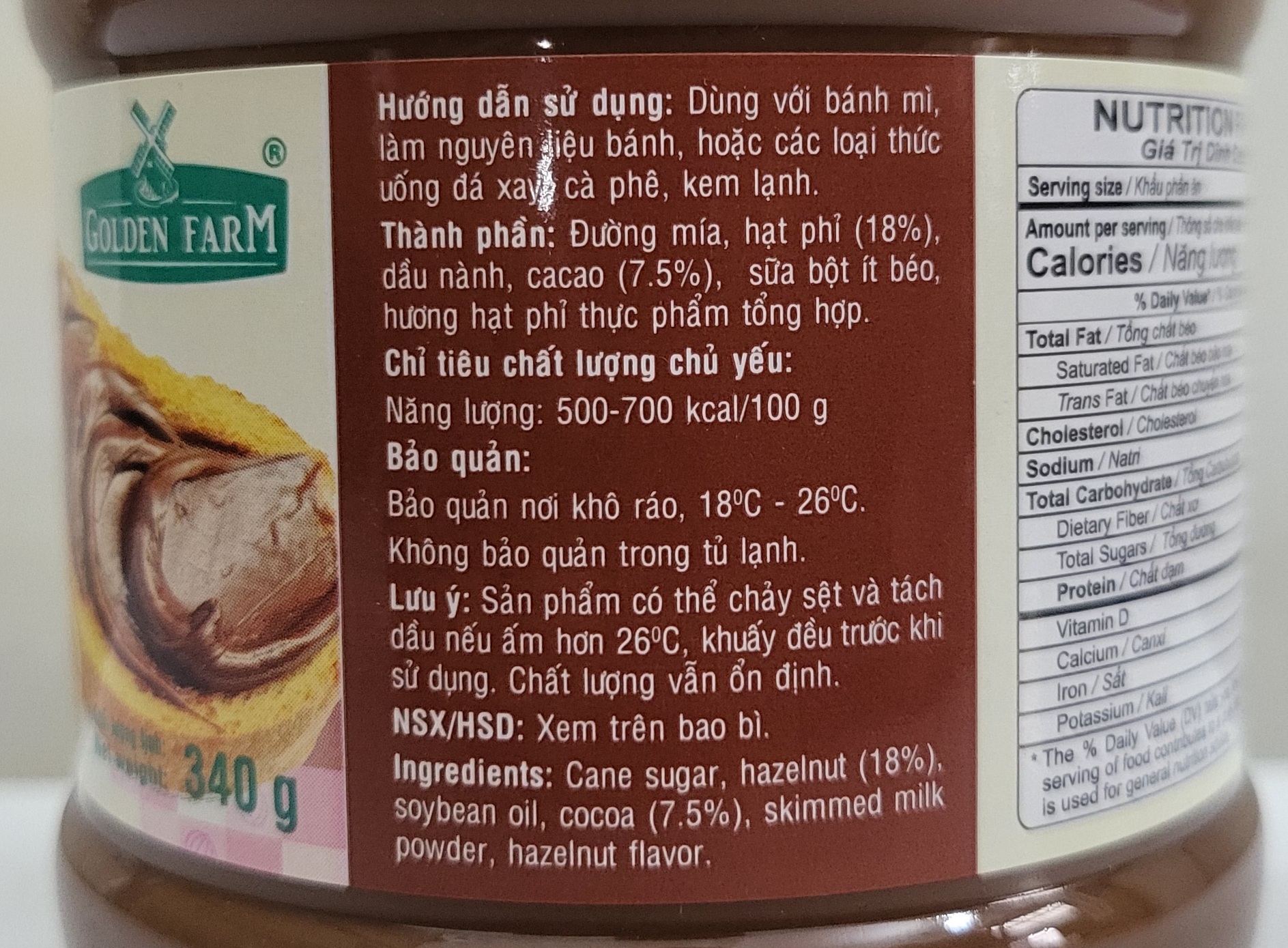 [HỘP LỚN 340g] BƠ PHẾT HẠT PHỈ CA CAO [VN] GOLDEN FARM Hazelnut Cocoa Butter (halal)