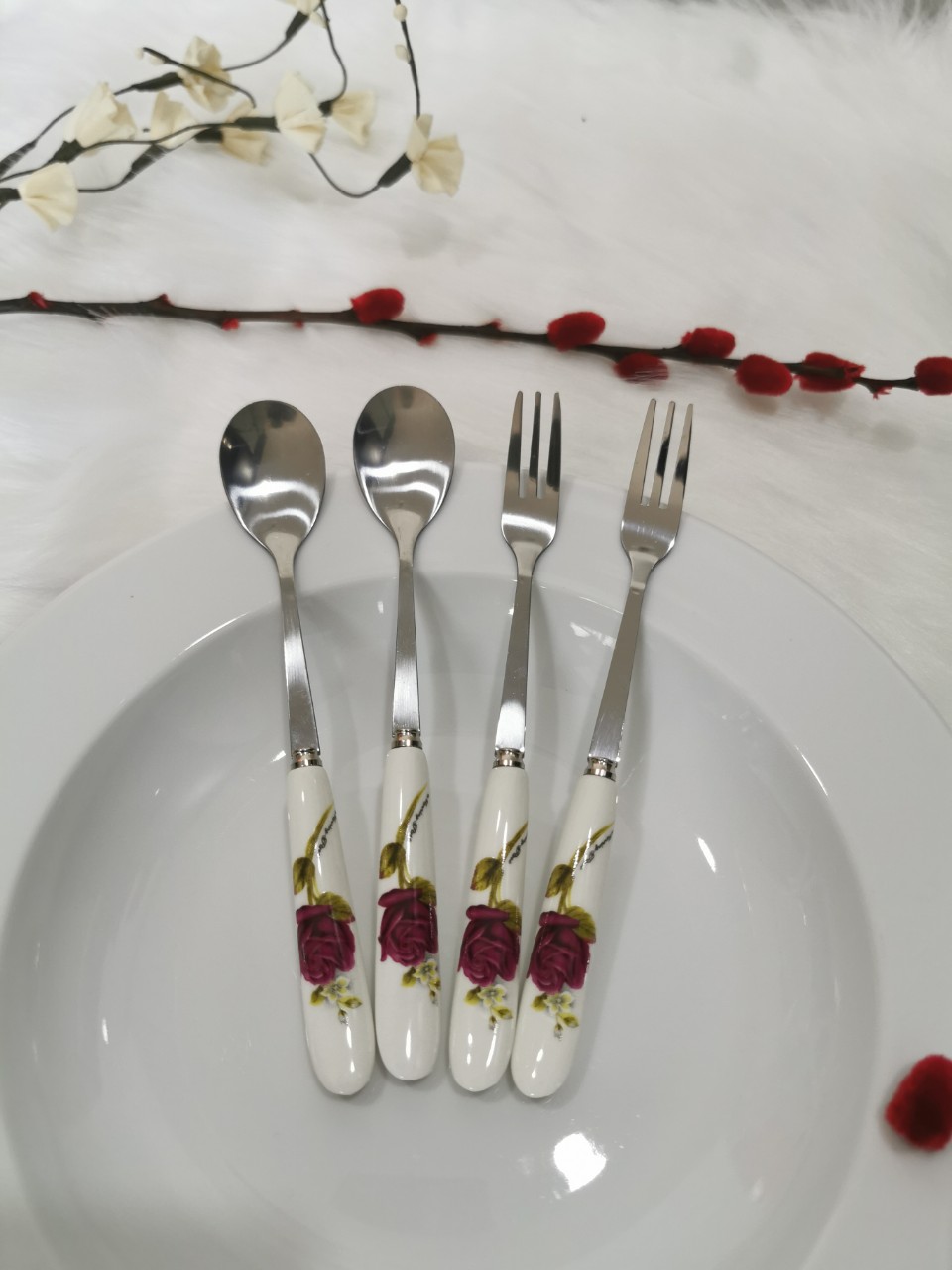 Bộ 2 muỗng 2 nĩa inox ăn bánh cán sứ hàn quốc