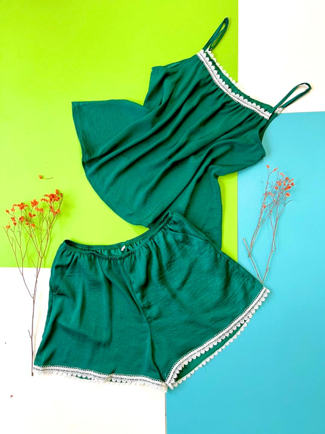 Đồ Bộ lụa 2 dây mặc nhà viền ren Infashion