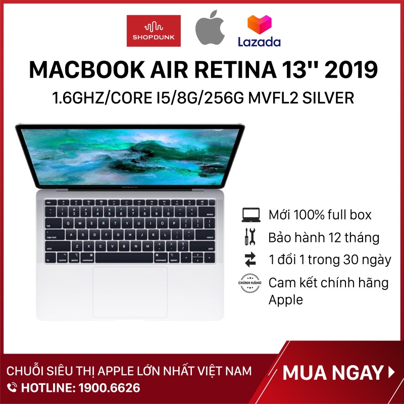 Bảng giá Laptop Macbook Air Retina 13 inch 2019 1.6GHz/core i5/8G/256G, Silver MVFL2, Hàng chính hãng Apple, Hàng mới 100%, Nguyên seal, Bảo hành 12 tháng - Shopdunk Phong Vũ