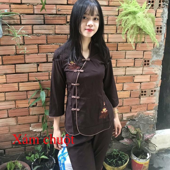 Bộ đồ mặc nhà Quần Áo nữ Phật Tử, Đồ Lam Phật Đi Chùa thêu hoa văn mẫu Z23A