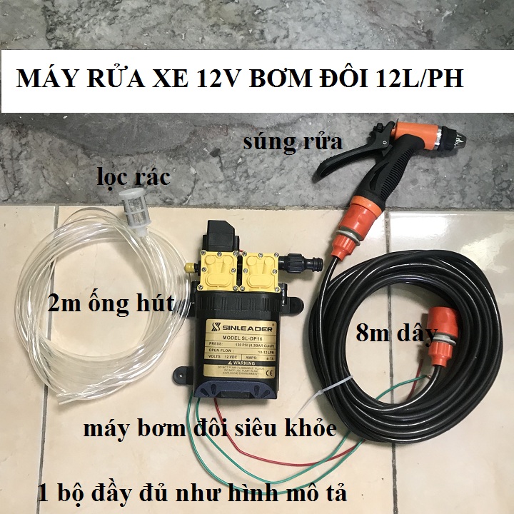 Bộ máy bơm nước rửa xe mini 130W động cơ kép, gồm ống nước vòi tăng áp lực xịt nhiều chế độ rửa xe máy, ô tô, tưới cây
