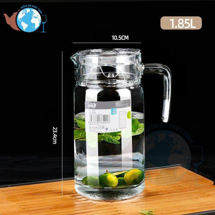 Bình rót nước thủy tinh loại 1 lớn 1,8 lít, bình đựng nước thủy tinh quai cầm dáng trụ tròn 1,8l bình lớn dày chất lượng, sang trọng
