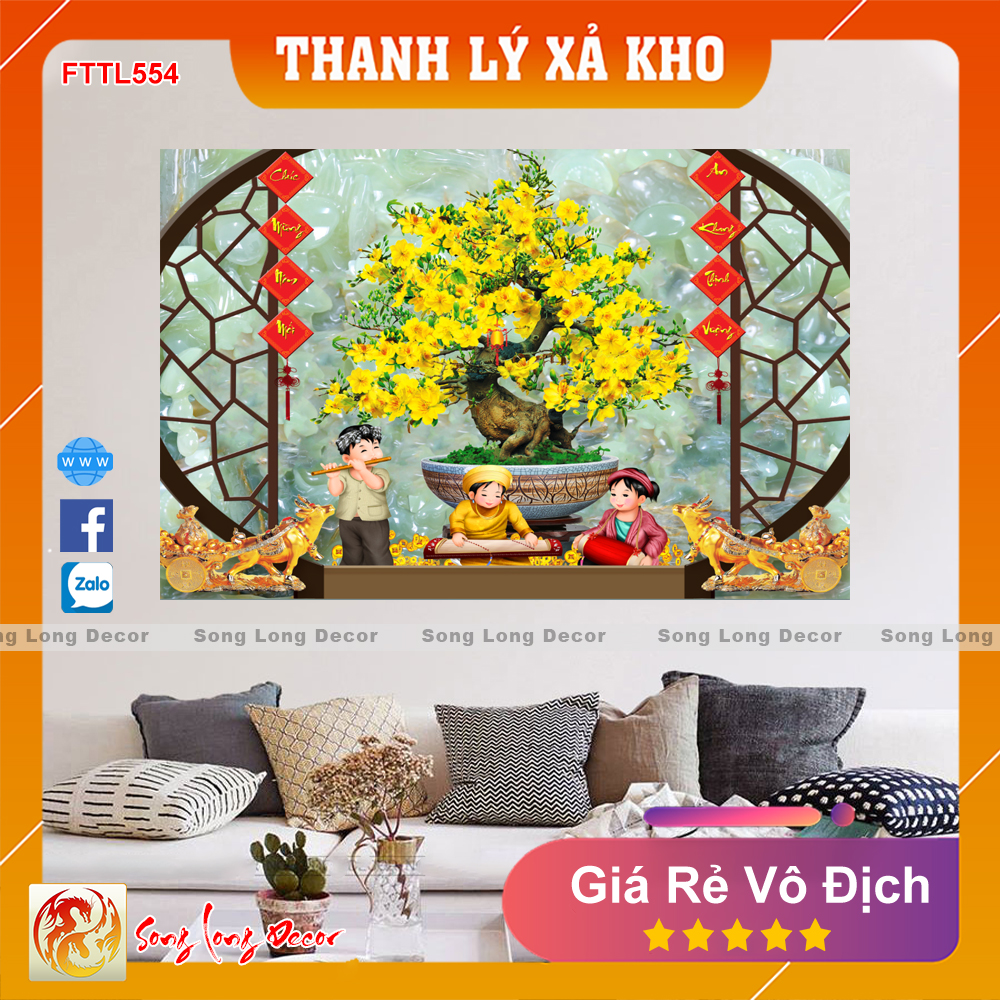 Tranh dán tường 3d Bon Sai Hoa Mai- Tranh 3D Phong Thủy Ngày Tết - Giấy dán tường 3d - Song Long Decor - FTTL554
