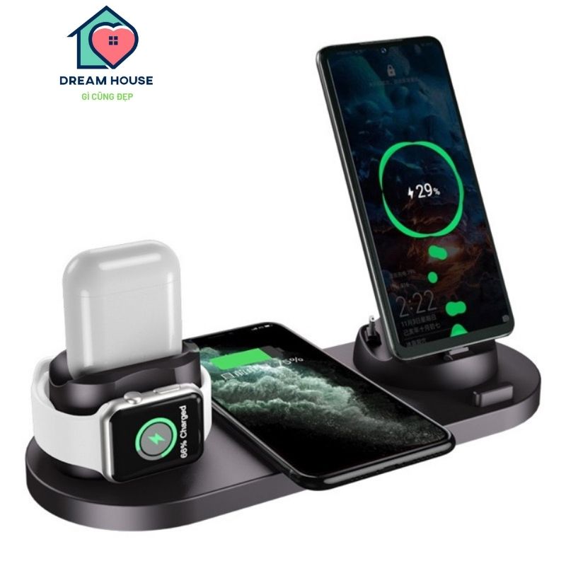 Đế sạc nhanh không đây, đế sạc thông minh không dây, Đế Sạc Nhanh Không Dây Iphone 6 in 1, Bộ sạc không dây đa chức năng WS5 6 in 1. Tích hợp đủ chân sạc thông minh cho các dòng điện thoại Iphone, Samsung, .... Sạc nhanh Airpost, Apple Watch
