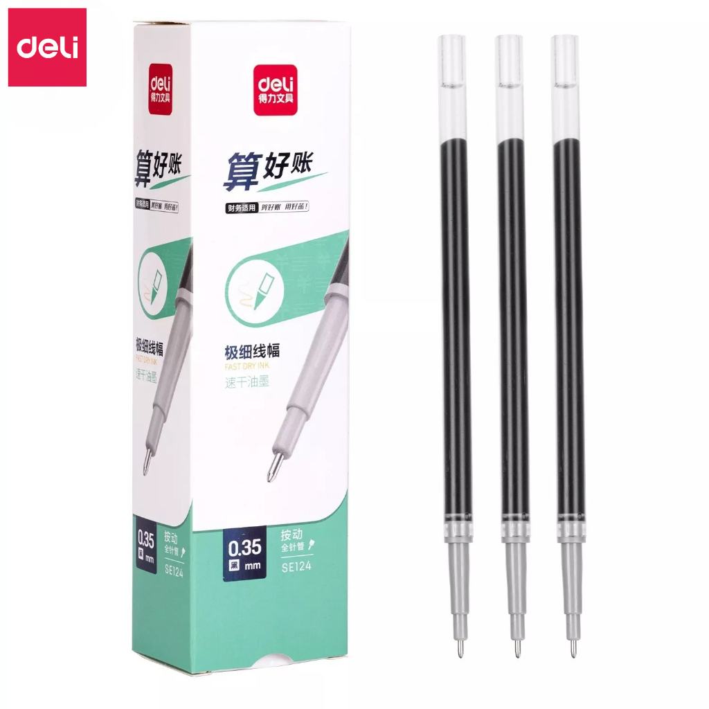 Bút bi nước bút gel bút mực bấm văn phòng Deli mực đen ngòi 0.35mm học sinh mực đều, ngòi nhỏ có ruột thay thế - A122