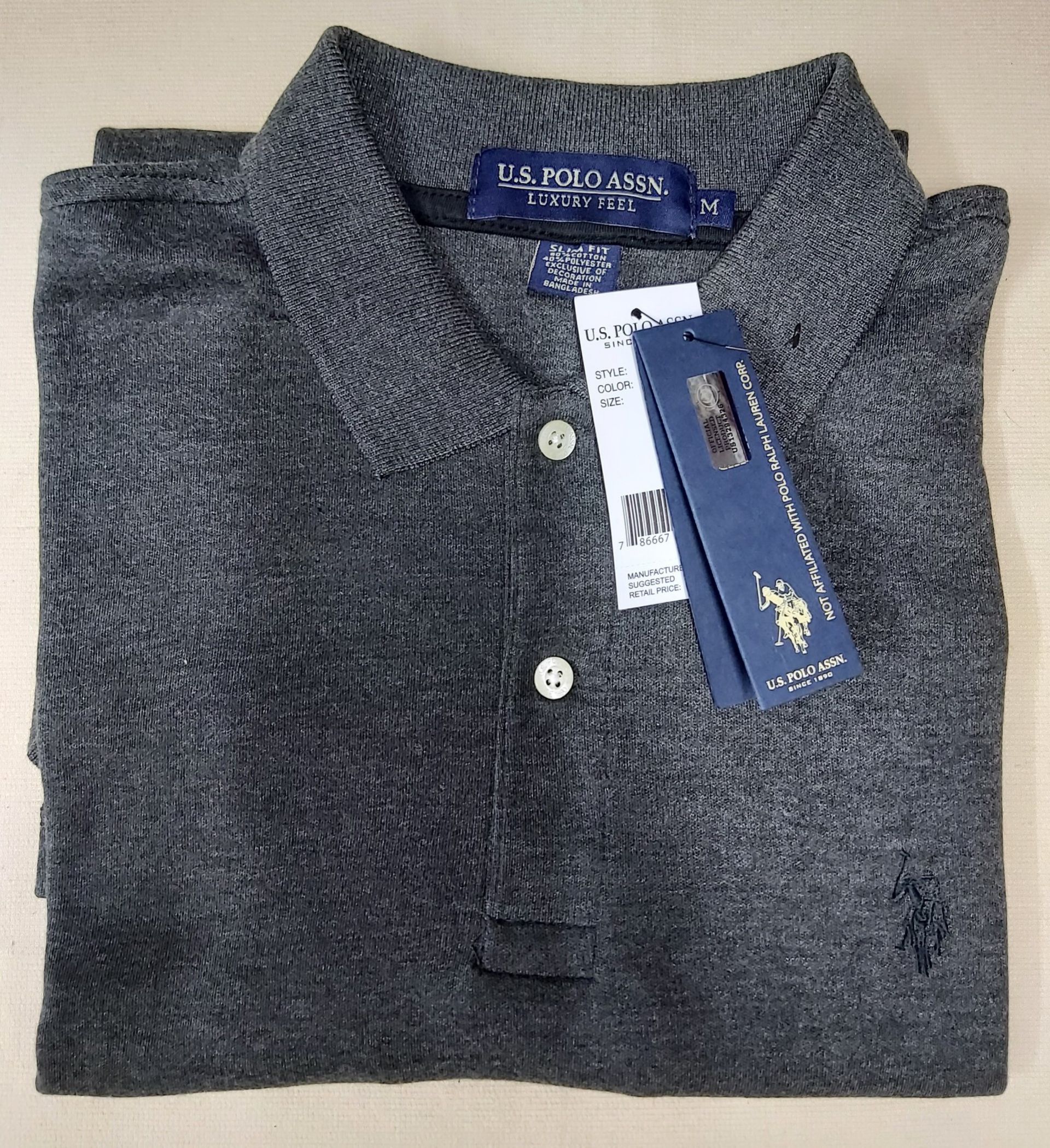 Áo thun polo nam . Polo Assn slim fit luxury feel cotton cổ bẻ ngắn tay  màu xám lông chuột size M chính hãng hàng mỹ 