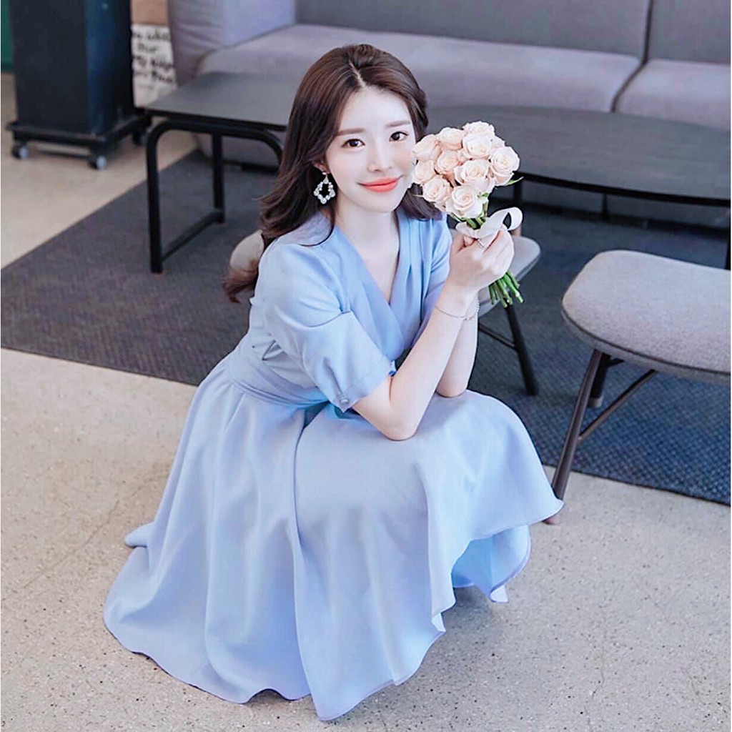 Đầm Xòe Xanh Đắp Chéo Buộc Eo - DX023