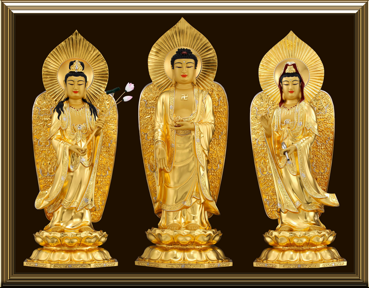 Hình Tam Thế Phật ánh vàng tỏa sáng đẹp hào quang Phật Pháp tặng khung tranh kèm theo