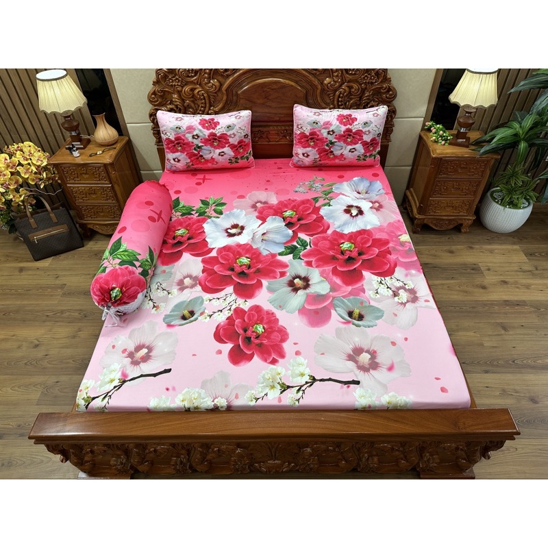 Free Ship Hoa mai Hồng, Bộ ga gối thun siêu mát lạnh 5D cao cấp nhận may theo yêu cầu Như Lan