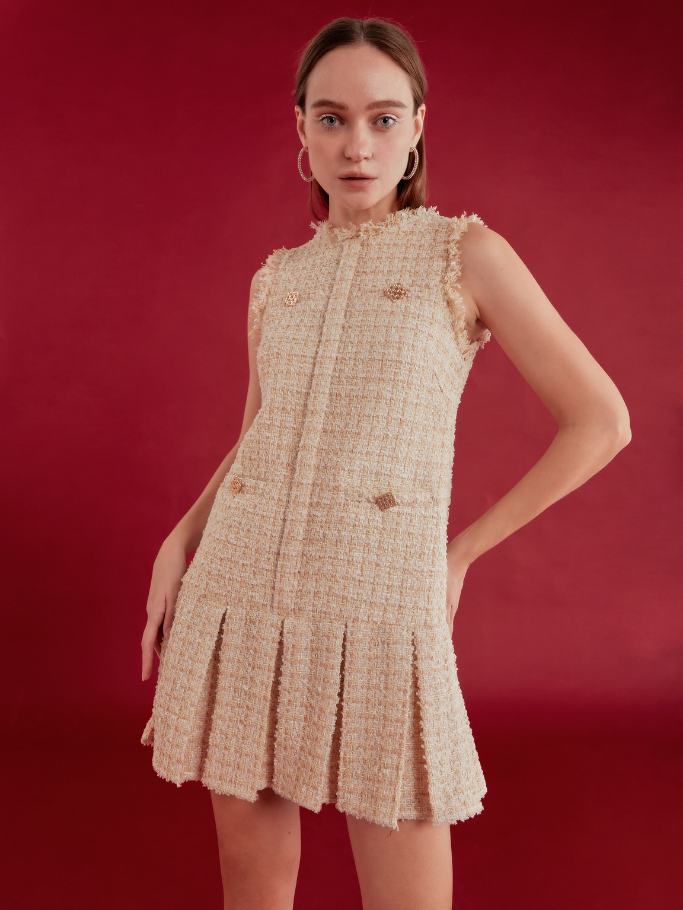COCO SIN - Đầm Tweed Gold Đính Nút