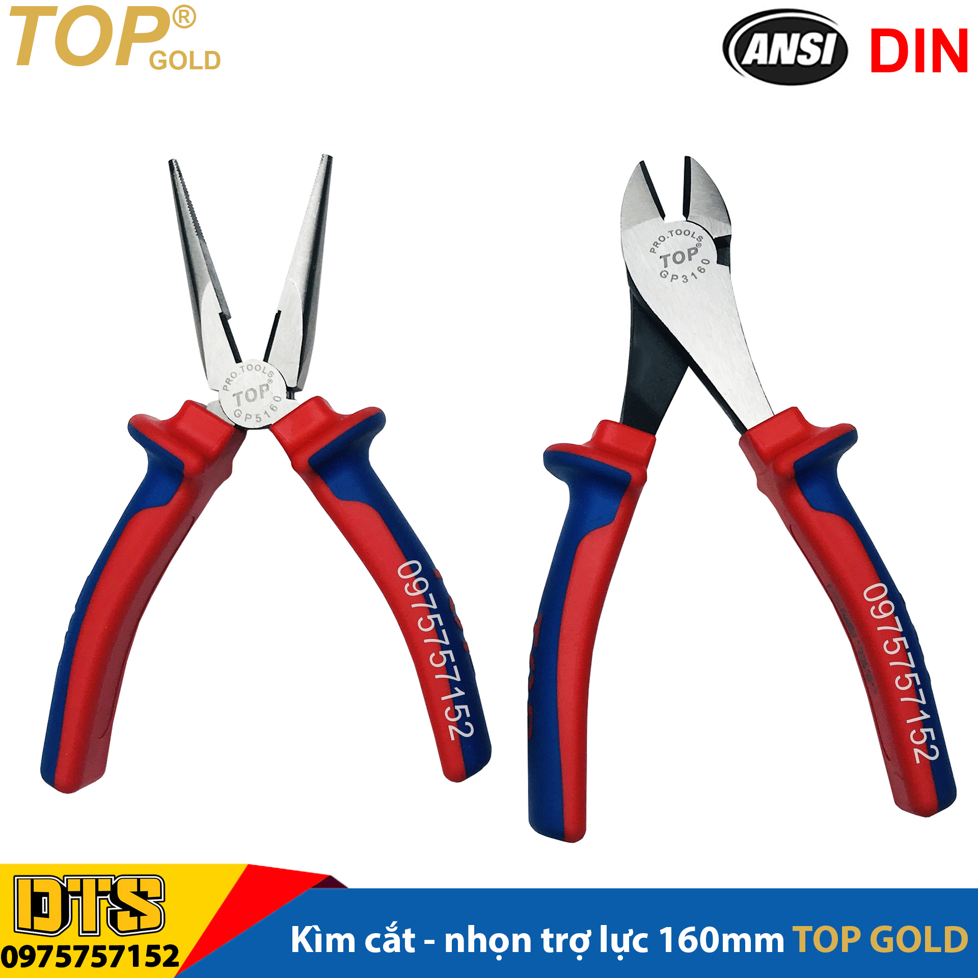 Kìm điện, kìm cắt, kìm nhọn trợ lực chuyên nghiệp TOP GOLD 160mm, kìm kết hợp thép Hi-Cr cao cấp, thiết kế cộng lực tiết kiệm 50% lực bấm, kìm đa năng cao cấp, kềm mỏ nhọn, kềm răng tổ hợp, kềm cắt chuyên dụng chuyên dụng
