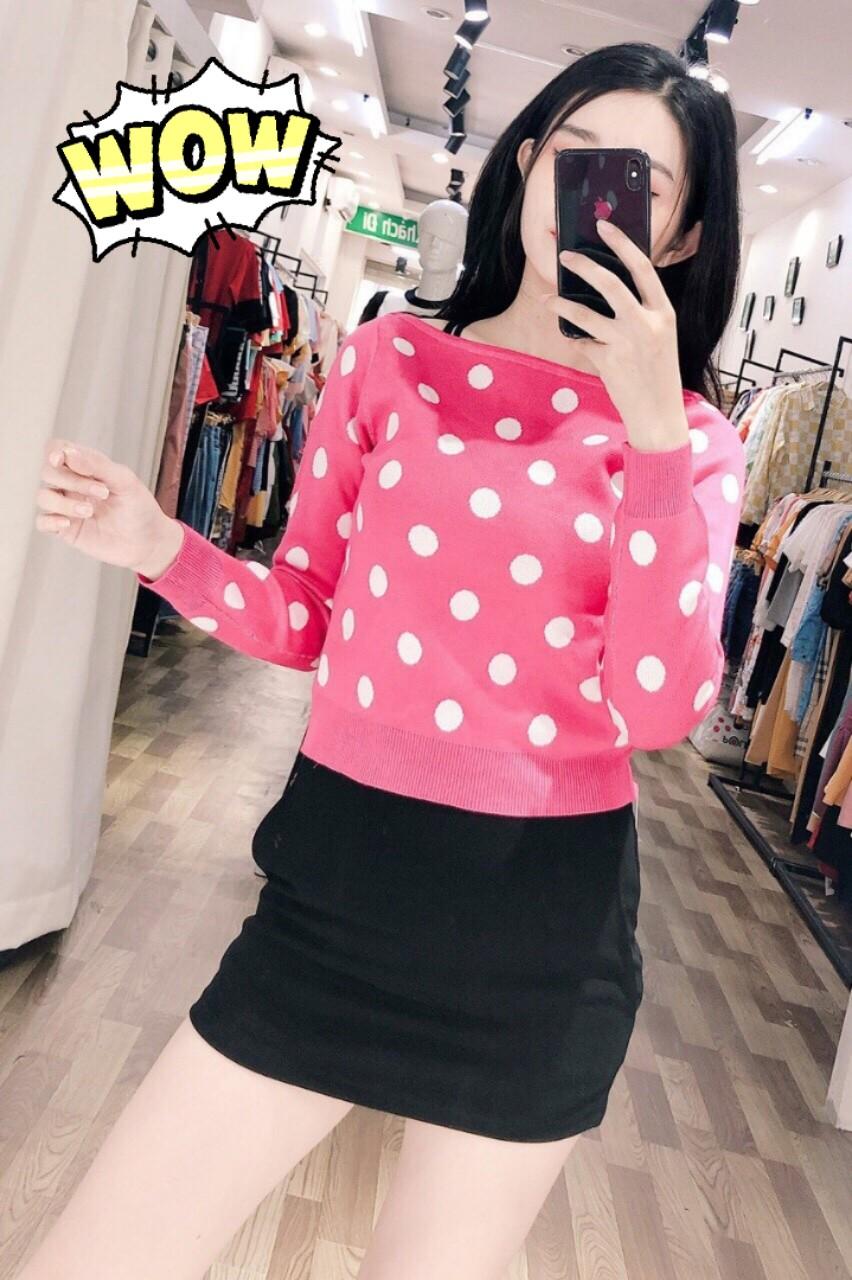 Áo len nữ chấm bi cô tròn tay dài siêu xinh