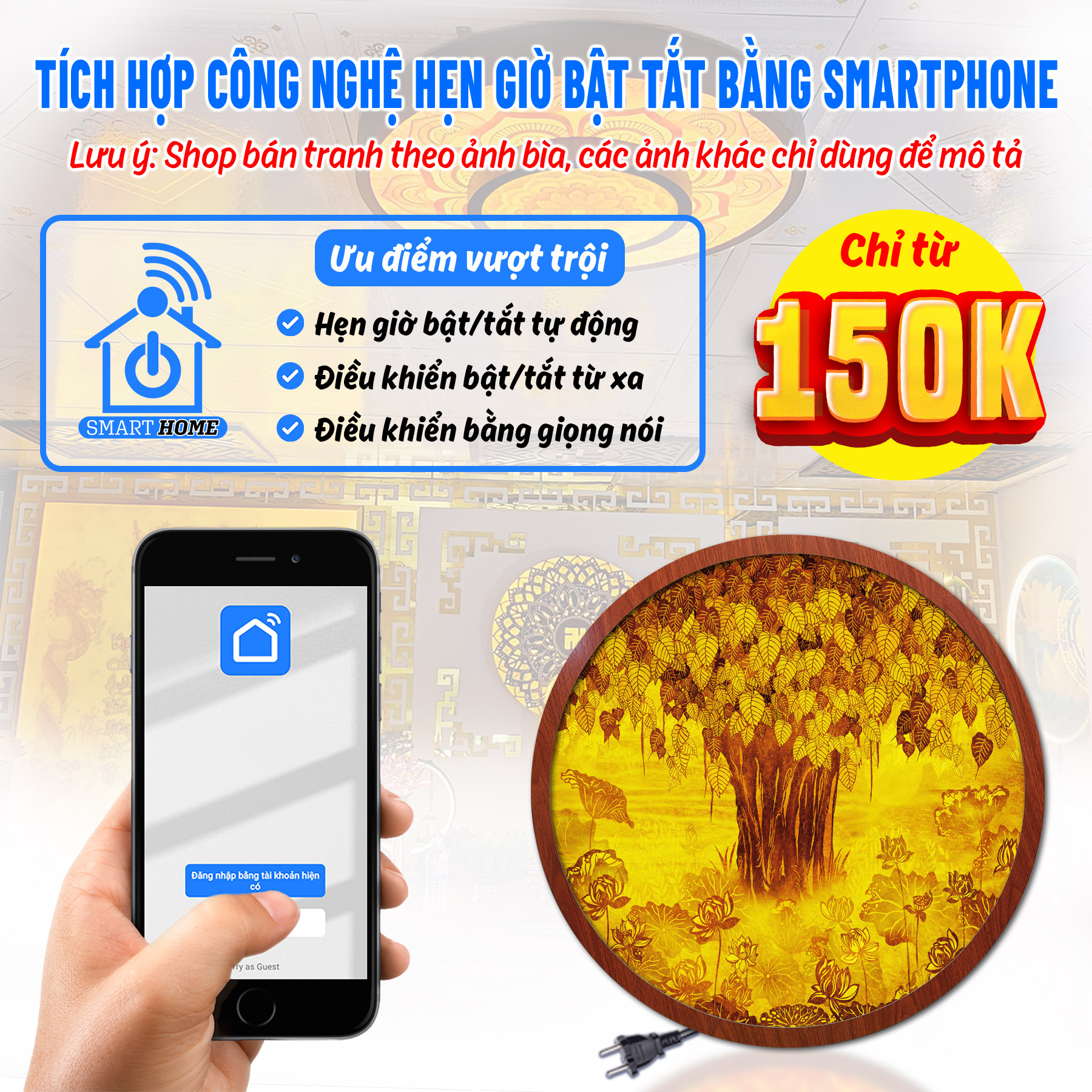 Đèn thờ hào quang phật tranh trúc chỉ tròn chân thiện mỹ, trang trí bàn thờ, hào quang trúc chỉ cây bồ đề tc-hq-05