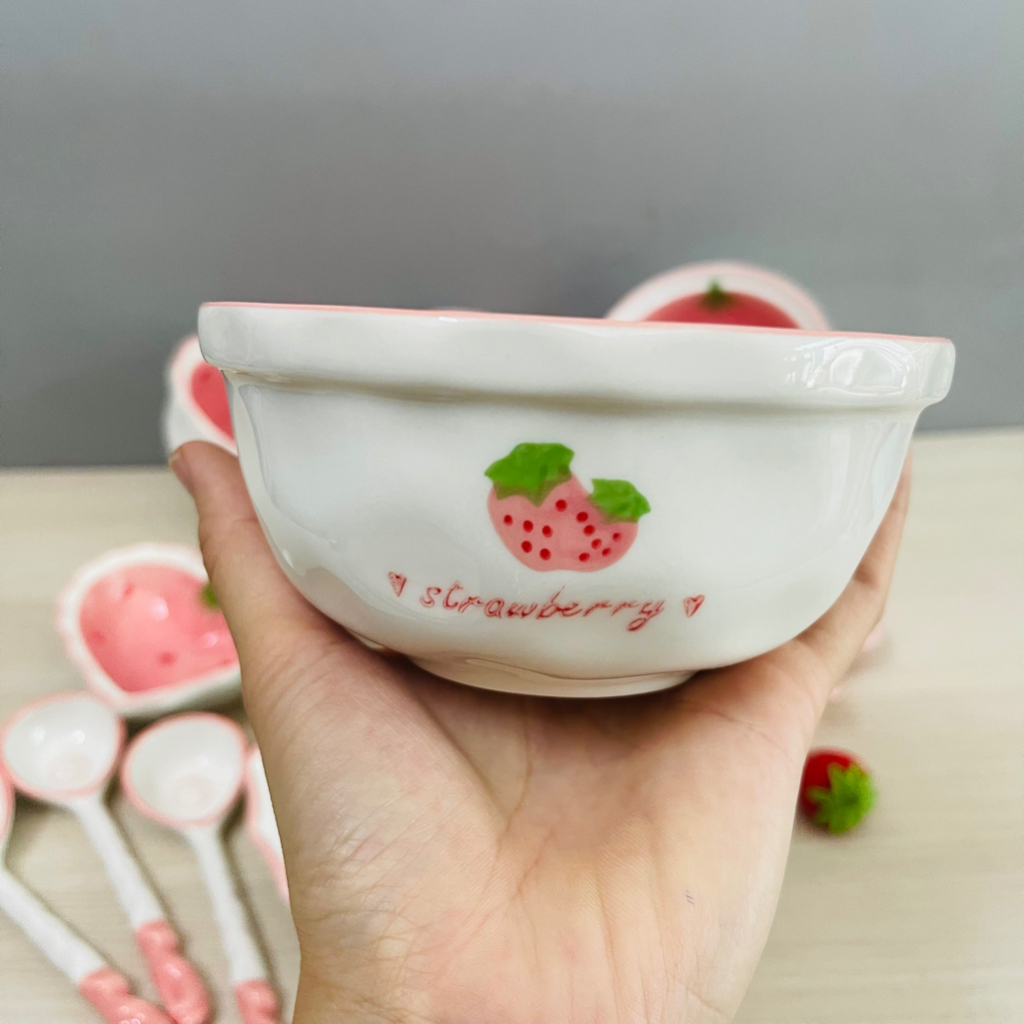 Bát đĩa decor, Bát ăn cơm, Chén Dĩa dễ thương tim dâu hồng siêu đẹp