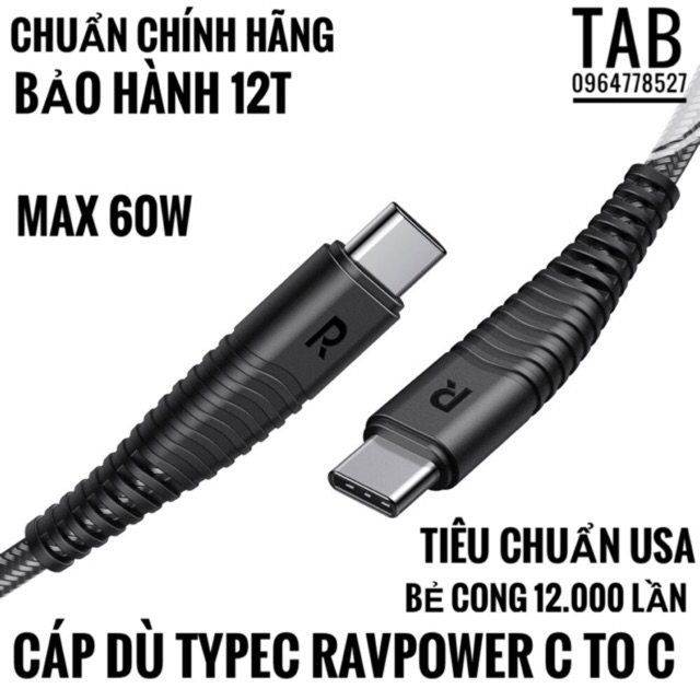 Cáp dù type c ravpower usb c to usb c 1m - bảo hành 12t