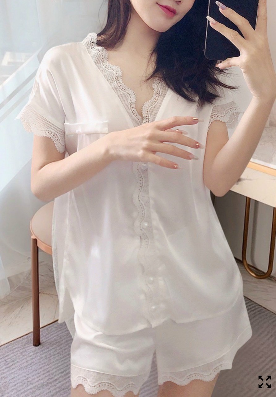 Sét Bộ Satin Cúc Cườm Mặc Nhà Siêu Đẹp