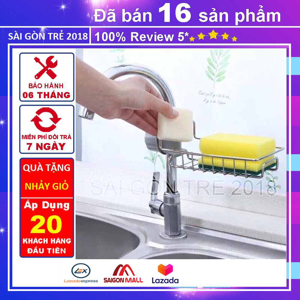 Giá inox đựng lưới rửa bát, cọ xoong, bàn chải, xà bông treo vòi nước bồn rửa bát (không bao giờ hết HOT)