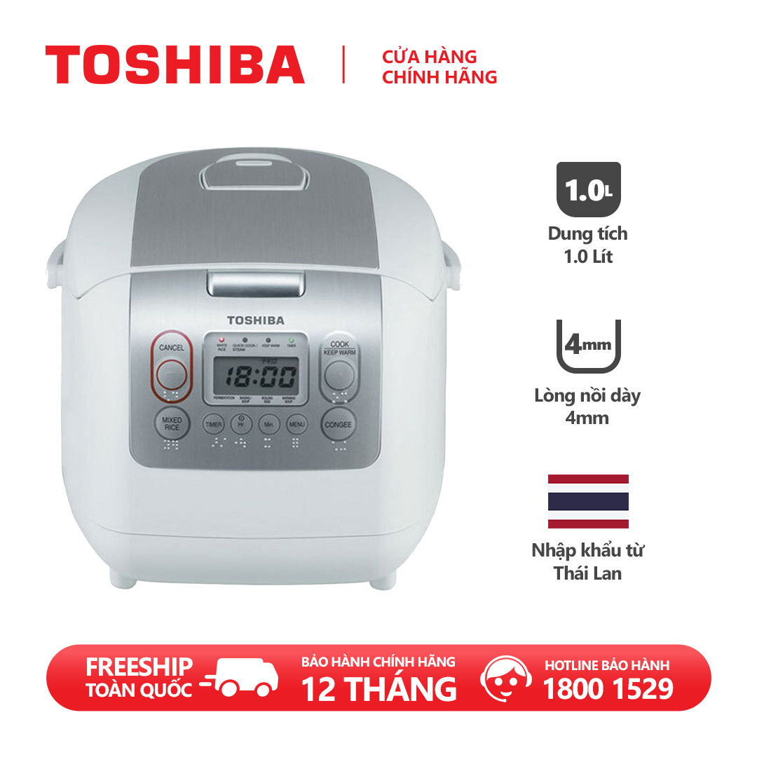 Nồi cơm điện tử Toshiba RC-10NMFVN(WT) - 1.0L - Xuất xứ Thái Lan - Lòng nồi dày 4mm, 2 lớp chống dính trong và ngoài - Chế độ nấu tự động đa dạng - Hàng chính hãng, bảo hành 12 tháng, chất lượng Nhật Bản