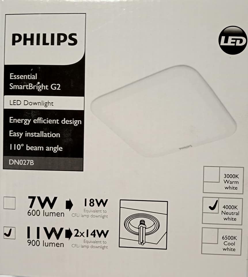 Đèn âm trần vuông philips dn027b led9 11w l125 sq , trung tính