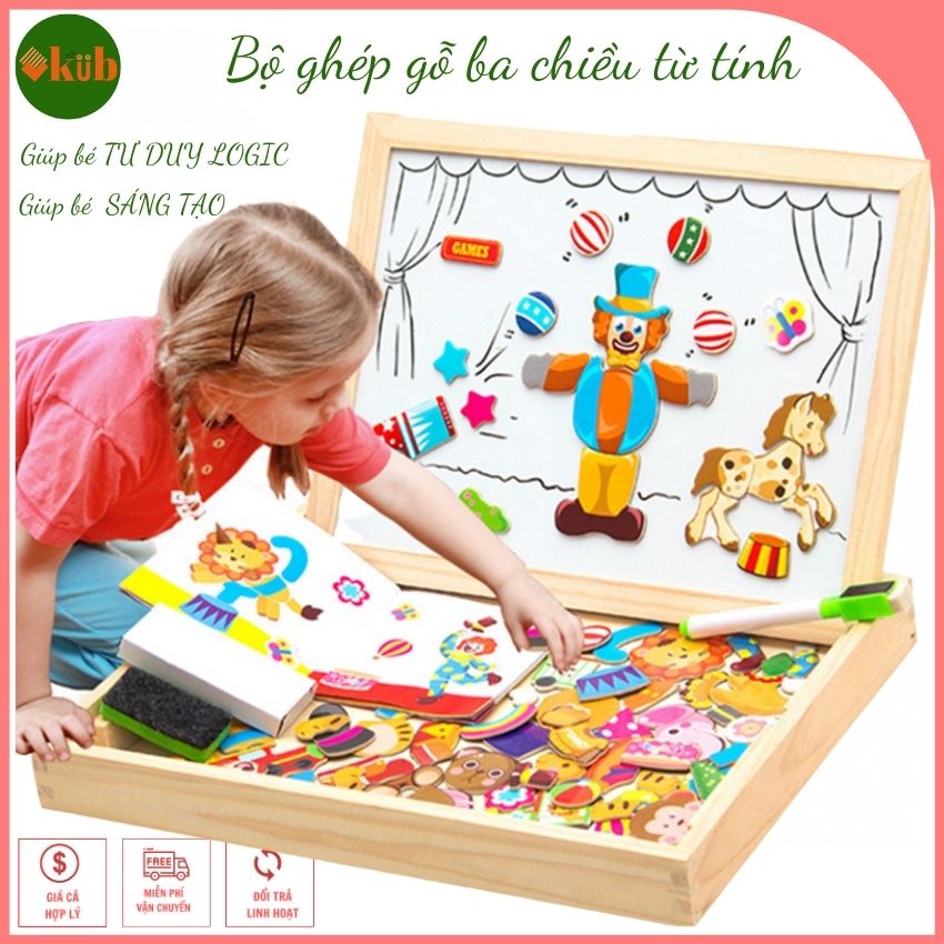 Bộ đồ chơi trẻ em xếp hình ba chiều nam châm từ tính bằng gỗ , Khơi gợi trí sáng tạo, tập trung, và tư duy logic cho trẻ từ bé. (hình đa chủ đề, giao ngẫu nhiên)