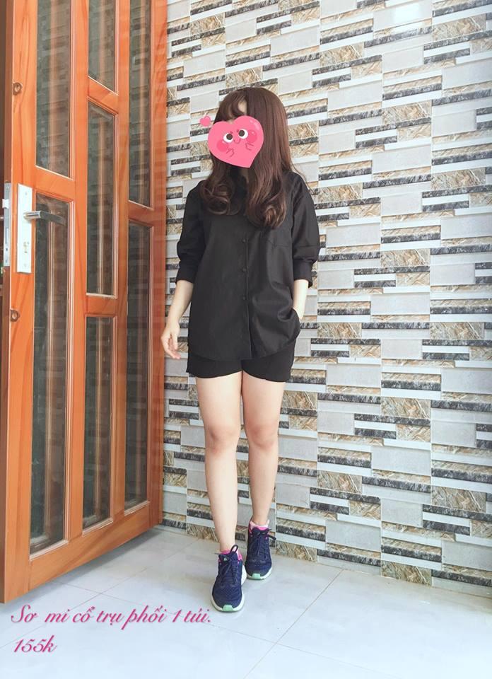 Sơ mi tay dài cổ trụ đen